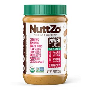 organic power fuel crunchy nut butter by nuttzo | 7 nuts & seeds blend, paleo, non-gmo, gluten-free, vegan, kosher | 1g sugar, 6g protein | 26oz jar