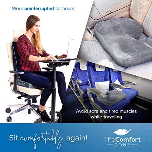 TheComfortZone Seat Cushion for Office Chair Memory Foam Coccyx Cushion Butt Pillow for Sciatica Tailbone & Back Pain Relief Long Sitting Office Desk Gaming Chair Car Seat Cushion Driving-Grey