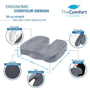 TheComfortZone Seat Cushion for Office Chair Memory Foam Coccyx Cushion Butt Pillow for Sciatica Tailbone & Back Pain Relief Long Sitting Office Desk Gaming Chair Car Seat Cushion Driving-Grey