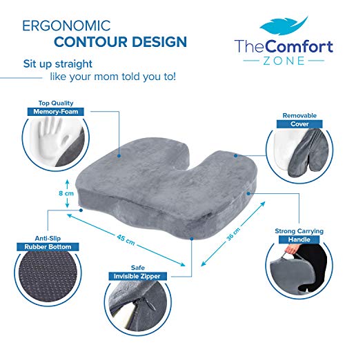 TheComfortZone Seat Cushion for Office Chair Memory Foam Coccyx Cushion Butt Pillow for Sciatica Tailbone & Back Pain Relief Long Sitting Office Desk Gaming Chair Car Seat Cushion Driving-Grey