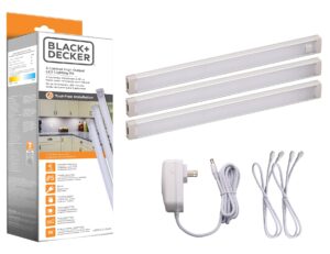 black+decker led under cabinet lighting kit, 3-bars, 9 inches each, diy tool-free installation, warm white, 2700k, 1080 lumens, 15 watts, home accent (leduc9-3wk)