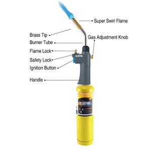 BLUEFIRE BTS-8090 Auto ON/OFF Trigger Start Heavy Duty Gas Welding Torch Head Adjustable Swirl Flame Hand Hold Portable Fuel by MAPP/MAP Pro/Propane 1lb Bottle Tank (Torch Kit with MAPP Cylinder)