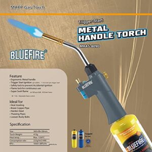 BLUEFIRE BTS-8090 Auto ON/OFF Trigger Start Heavy Duty Gas Welding Torch Head Adjustable Swirl Flame Hand Hold Portable Fuel by MAPP/MAP Pro/Propane 1lb Bottle Tank (Torch Kit with MAPP Cylinder)