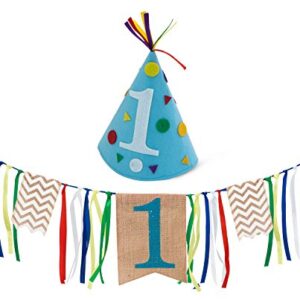 Boy First Birthday Decorations - 1st Birthday - Burlap Highchair Banner and Felt Hat Pack