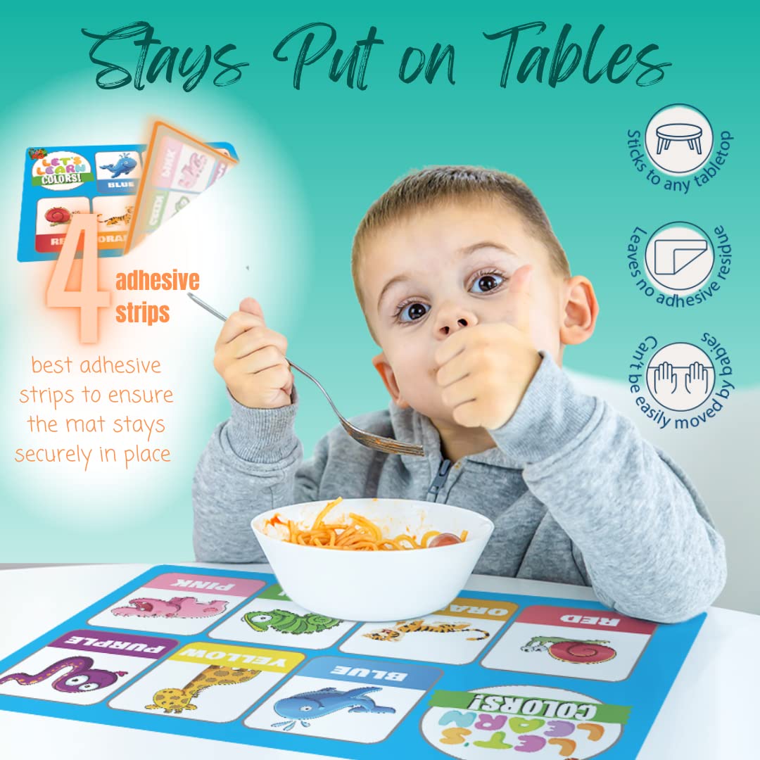 Baby PhD Disposable Placemats for Baby, Kids, & Toddlers - Let's Learn Design - Table Mat or Topper for Restaurants, Stick-On Placemat for Travel, Sticky Strips Stay in Place - 3 Designs, Pack of 60