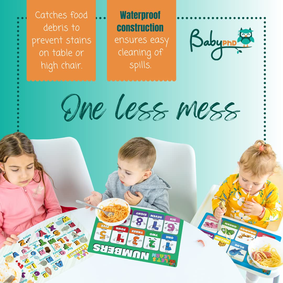 Baby PhD Disposable Placemats for Baby, Kids, & Toddlers - Let's Learn Design - Table Mat or Topper for Restaurants, Stick-On Placemat for Travel, Sticky Strips Stay in Place - 3 Designs, Pack of 60