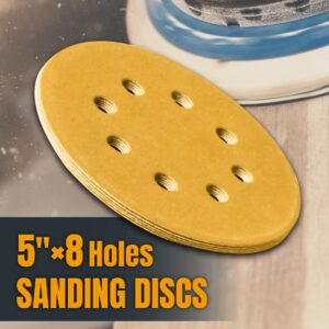 POWERTEC 44010G-50 5 Inch 8 Hole Hook and Loop Sanding Discs, 100 Grit, 50 PK, Sandpaper for Ramdom Orbital Sanders, Air Sander, Pneumatic Sander, Auto Body Shop