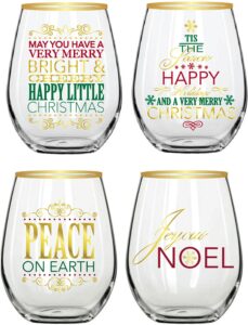 elegant home set of four (4) 19oz holiday festive christmas theme - merry christmas, peace joyous, stemless clear/gold wine glasses for red or white wine