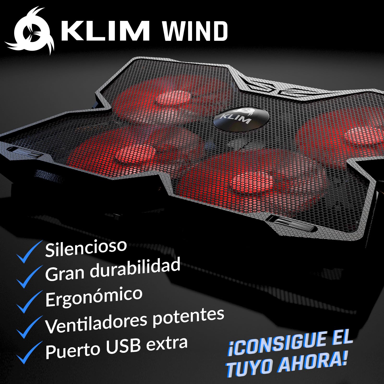 KLIM Wind - Laptop Cooling Pad - More Than 500 000 Units Sold -The Most Powerful Rapid Action Cooling Fan - Laptop Stand with 4 Cooling Fans at 1200 RPM - USB Fan - PS5, PS4 - Black - New Version 2024