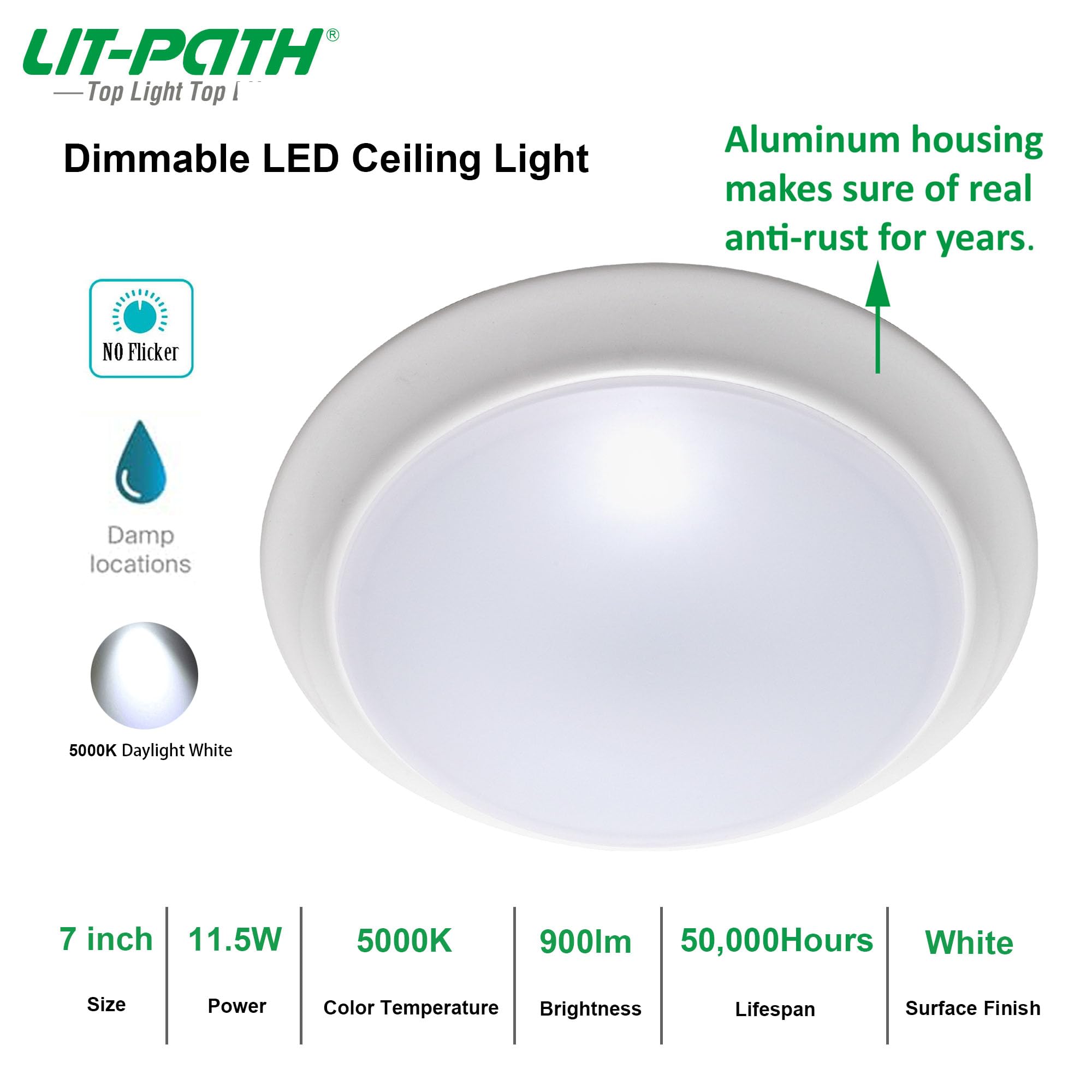 LIT-PaTH LED Flush Mount Ceiling Lighting Fixture, Dimmable 7 Inch 11.5W 900 Lumen, Aluminum Housing Plus PC Cover, Damp Location Rated for Bathroom, 5000K, 2-Pack