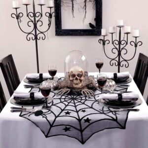 ourwarm 40-inch black spider lace table topper cloth, round polyester halloween tablecloth for halloween table decorations