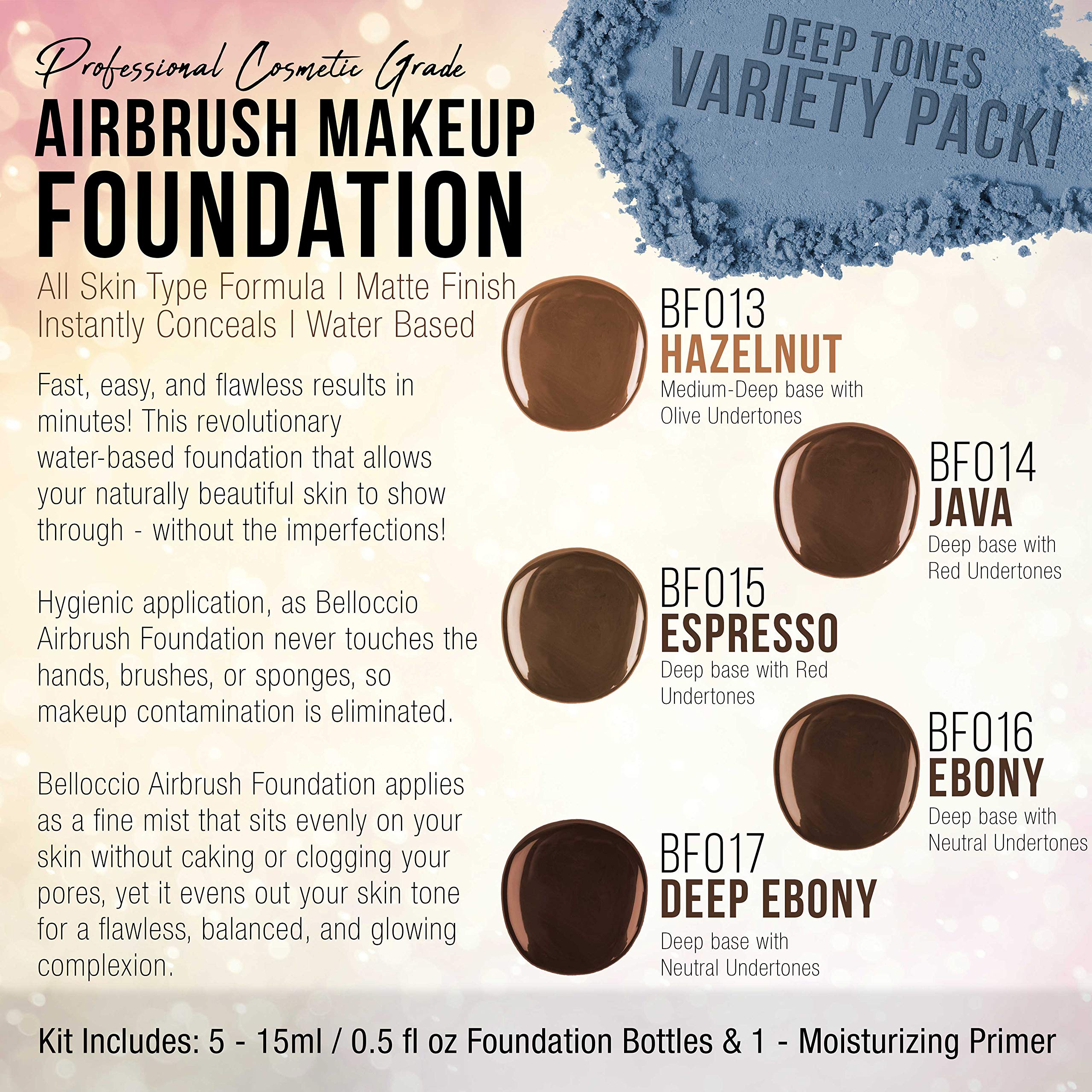 Belloccio Dark Color Shade Airbrush Makeup Foundation Set - Professional Cosmetic Airbrush Makeup in 1/2 oz Bottles