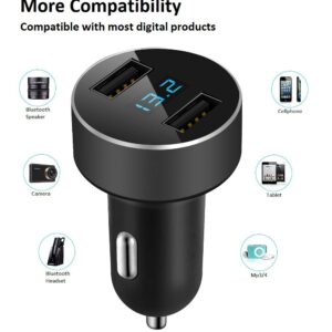 LIHAN Dual USB Car Charger, 4.8A Output, 12/24 Volt USB Adapter Plug for Cigarette Lighter Voltage Meter, Compatible with iPhone,iPad, Samsung Galaxy, LG, Google, Black