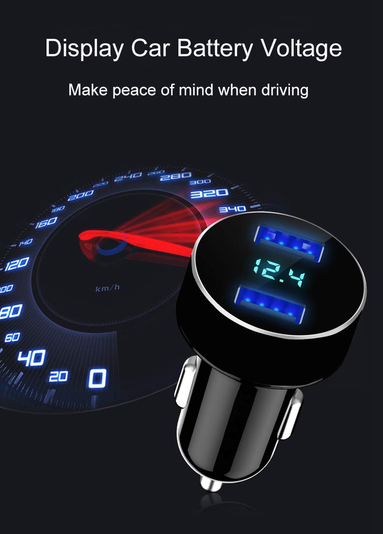 LIHAN Dual USB Car Charger, 4.8A Output, 12/24 Volt USB Adapter Plug for Cigarette Lighter Voltage Meter, Compatible with iPhone,iPad, Samsung Galaxy, LG, Google, Black