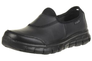 skechers women's sure track work shoes, black leather, 7