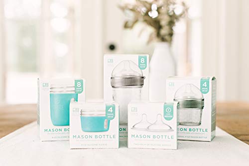 Mason Bottle - The Essential Gift Set: Glass Baby Bottles 4 and 8 Ounce, Silicone Sleeve, Slow-Flow Nipple (2 Pack), Non-Toxic, BPA and BPS Free, 100% Made in The USA (5 Items, Agave)