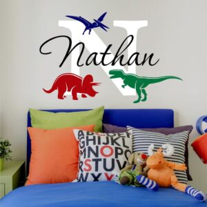 nursery boys name and initial dinosaurs personalized name wall decal 34" w by 22" h, boys nursery name decals, boys dinosaur wall decals, wall stickers, boys decals plus free hello door decal