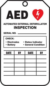 accuform trs345ctm pf-cardstock inspection & status record tag, legend "aed automated external", 5.75" length x 3.25" width x 0.010" thickness, red/black on white (pack of 5)
