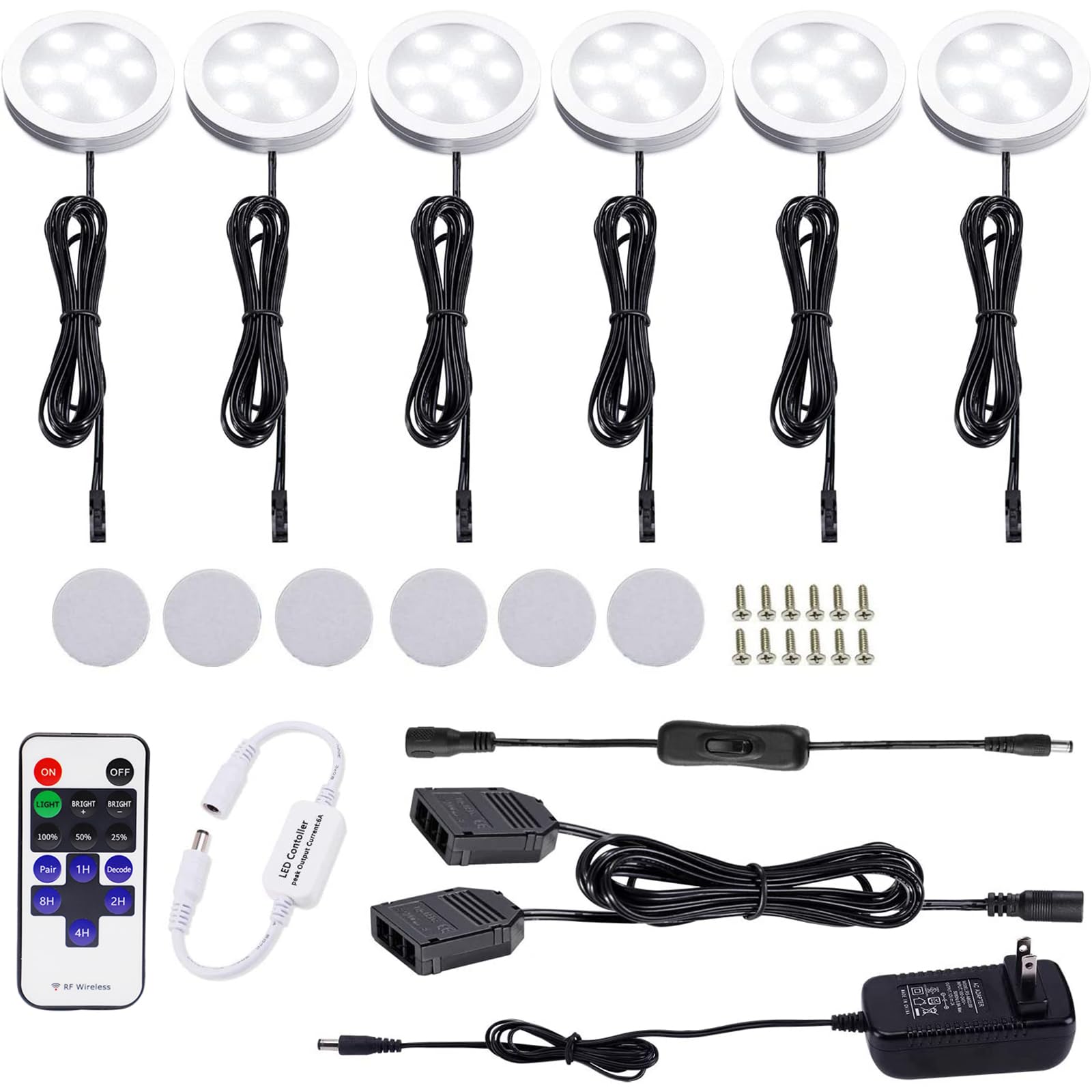 AIBOO 12V LED Under Cabinet Lights Kit 6 Pack Black Cord Aluminum Puck Lights for Kitchen Counter Closet Lighting with Wireless Dimmable RF Remote Control 6 Lights 12W (6000K Daylight White)