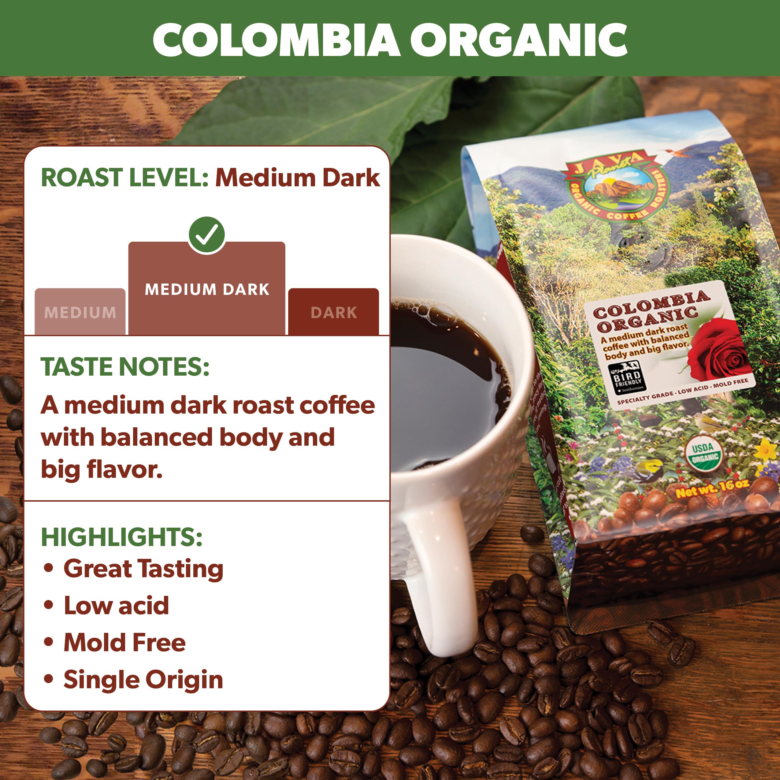 Java Planet Low Acid Coffee, Organic Colombian Single Origin: Whole Bean Medium Dark Roast - Smooth Full Flavored Coffee Bean, 1LB Bag