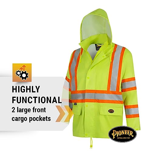 Pioneer High Visibility Safety Rain Suit, Lightweight, Waterproof, Reflective Tape, Polyester PVC, Yellow/Green, Unisex, V1080160U-L, Large