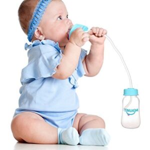 Tinukim iFeed 4 Ounce Self Feeding Baby Bottle with Tube - Handless Anti-Colic Nursing System, Blue - 2-Pack