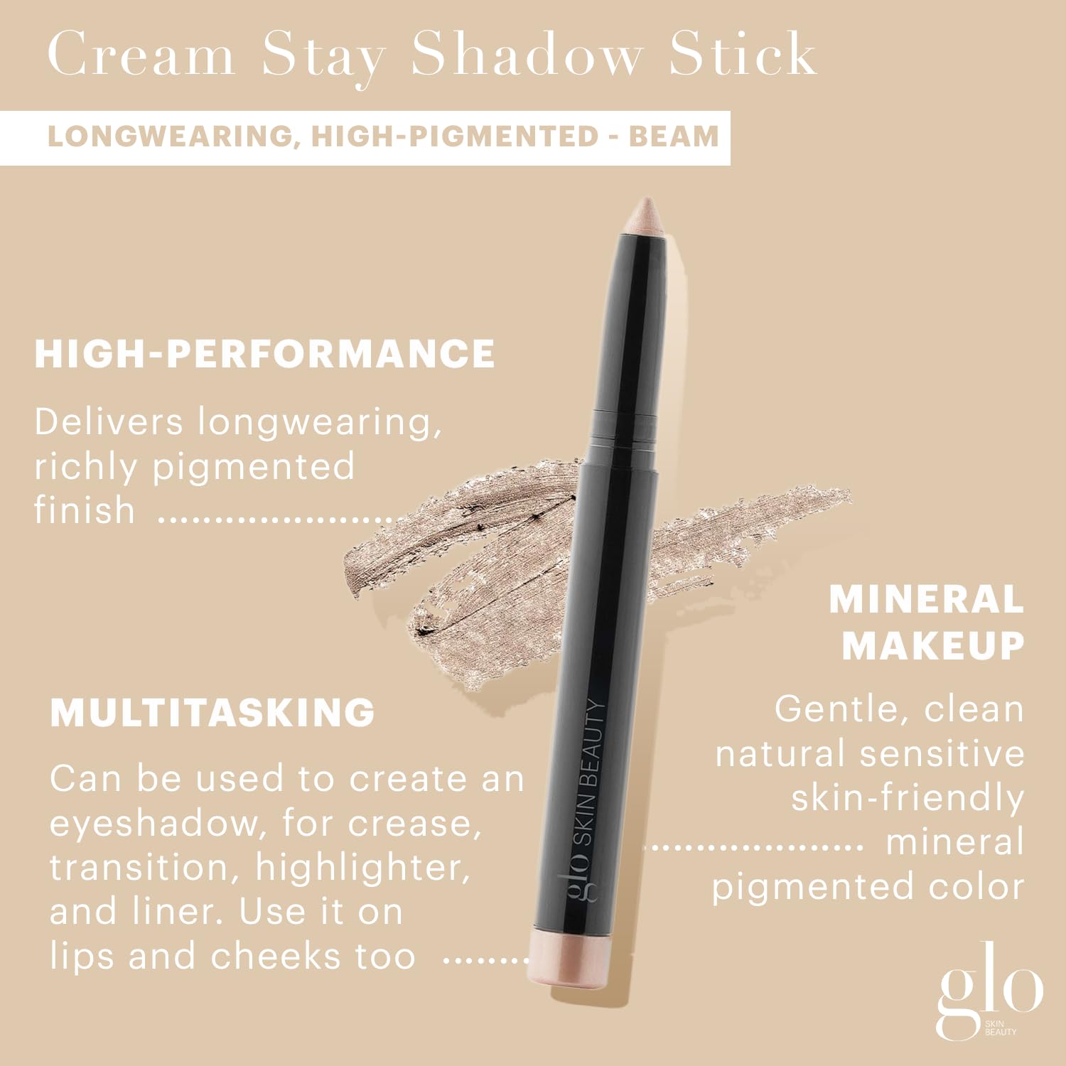 Glo Skin Beauty Cream Stay Shadow Stick (Beam) - Multi-Purpose Eyeshadow Mineral Makeup Can Also Be Used as Liner on Lips or Cheeks, 12-Hours of Wear