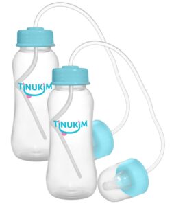 tinukim ifeed 9 ounce self feeding baby bottle with tube - handless anti-colic nursing system, blue - 2-pack