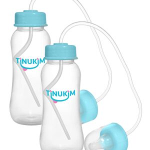 Tinukim iFeed 9 Ounce Self Feeding Baby Bottle with Tube - Handless Anti-Colic Nursing System, Blue - 2-Pack