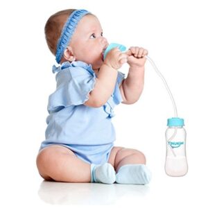 Tinukim iFeed 9 Ounce Self Feeding Baby Bottle with Tube - Handless Anti-Colic Nursing System, Blue - 2-Pack