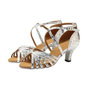 Minishion GL226 Women's Strappy Silver Synthetic Latin Tango Ballroom Dance Shoes Wedding Prom Sandals 9 US