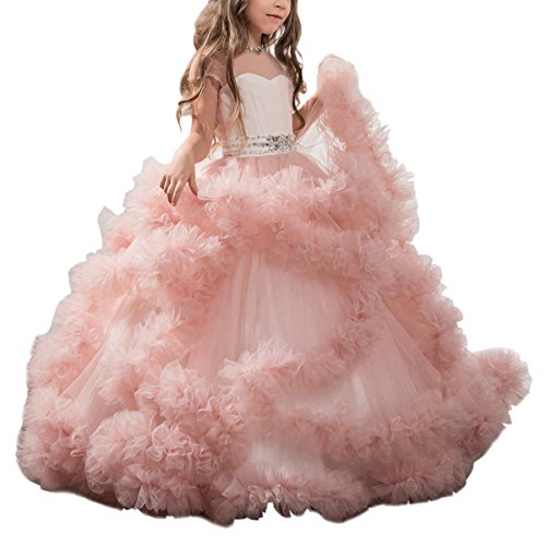 Stunning V-Back Luxury Pageant Tulle Ball Gowns for Girls 2-12 Year Old Pink,Size 10