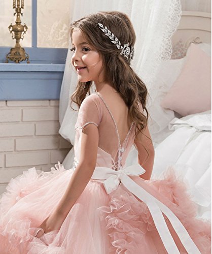 Stunning V-Back Luxury Pageant Tulle Ball Gowns for Girls 2-12 Year Old Pink,Size 10