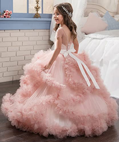 Stunning V-Back Luxury Pageant Tulle Ball Gowns for Girls 2-12 Year Old Pink,Size 10