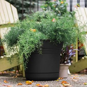 Bloem Saturn Round Planter with Saucer Tray: 12" - Black - Durable Plastic Pot, Matte Finish, Removable Saucer, for Indoor & Outdoor Use, Gardening, 3 Gallon Capacity