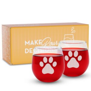 on the rox two engraved stemless wine glasses-16.75 ounce capacity-paw print design- 2 piece set- elegant glass-ideal gift for any dog owner or rescue-birthday-housewarming-pet owner-made in usa