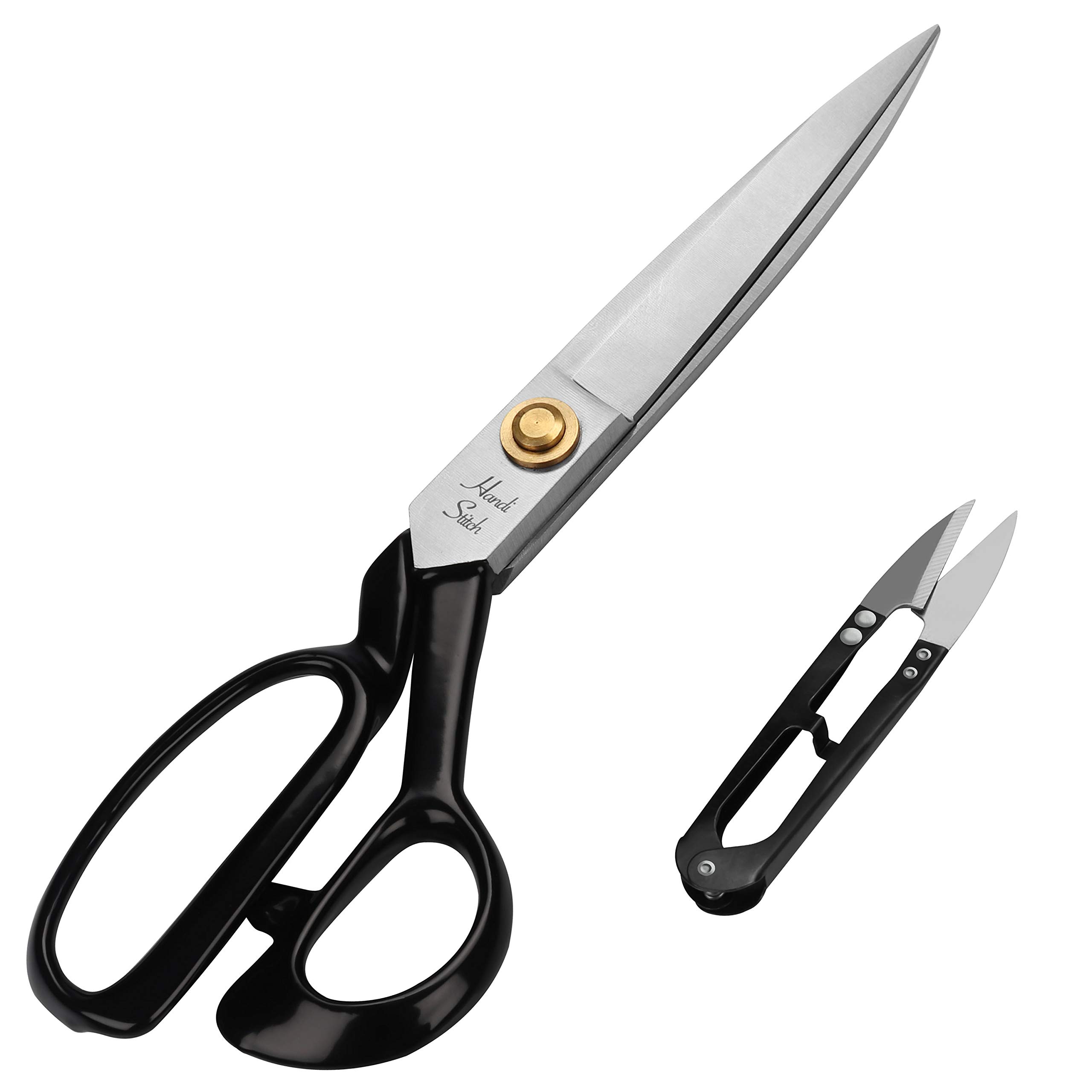 HANDI STITCH Fabric Tailor Scissors and Thread Snipper – 10 Inch Razor Sharp Stainless Steel for Sewing, Dressmaking & Knitting Needs – Durable Black Shears for Cutting Denim, Leather & More