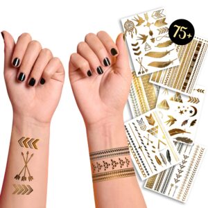 terra tattoos gold metallic tattoo flash sheets designs of stars, feathers, moon & more! face tattoos for women waterproof nontoxic long lasting 75+ designs for vacation, festivals parties - gold