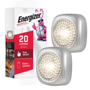 energizer led tap light, 2 pack, silver, battery operated, wireless lights, stick on light, portable, under cabinet lighting, push light, ideal for kitchen under cabinet, closets, and more, 37107
