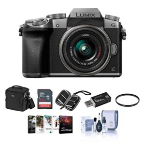panasonic lumix dmc-g7 mirrorless micro 4/3s camera with 14-42mm lens, silver - bundle with camera case, 32gb sdhc card, cleaning kit, memory wallet, card reader, 46mm uv filter, software package