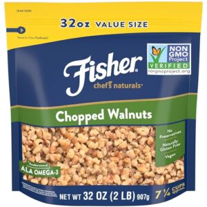 fisher chef's naturals chopped walnuts 2lb, 100% california unsalted walnuts for baking & cooking, snack topping, great with yogurt & cereal, vegan protein, keto snack, gluten free
