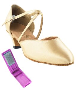 very fine dance shoes - ladies practice, cuban low heel, waltz ballroom dance shoes - 9691-1.3-inch heel and foldable brush bundle - light brown satin - 9.5