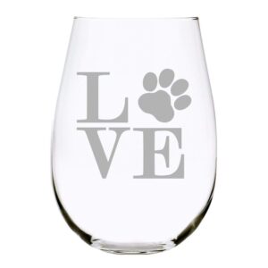 c m paw print love 17 oz. stemless wine glass