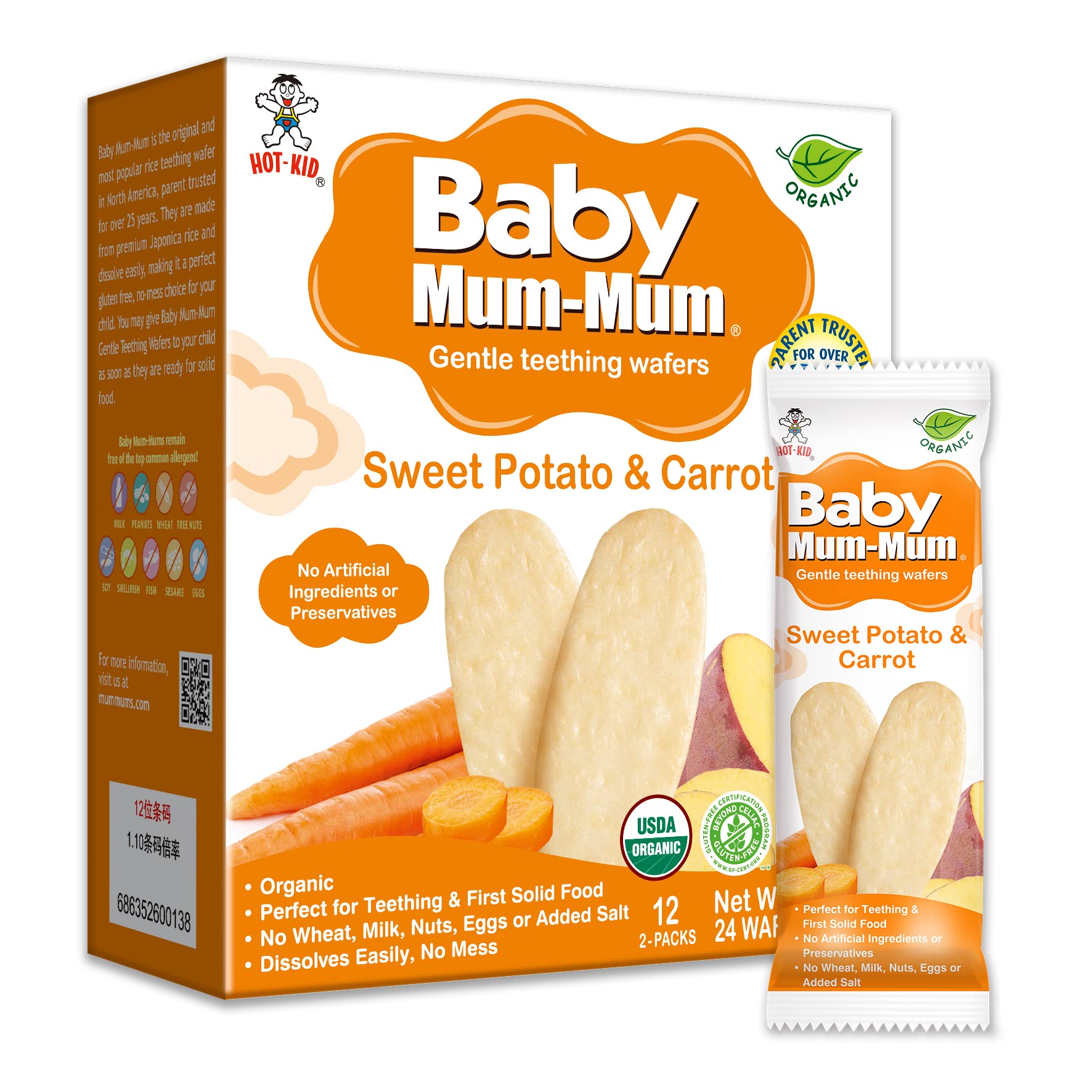 Hot-Kid Baby Mum-Mum Rice Rusks, Organic Sweet Potato & Carrot, 24 Pieces (Pack of 6)