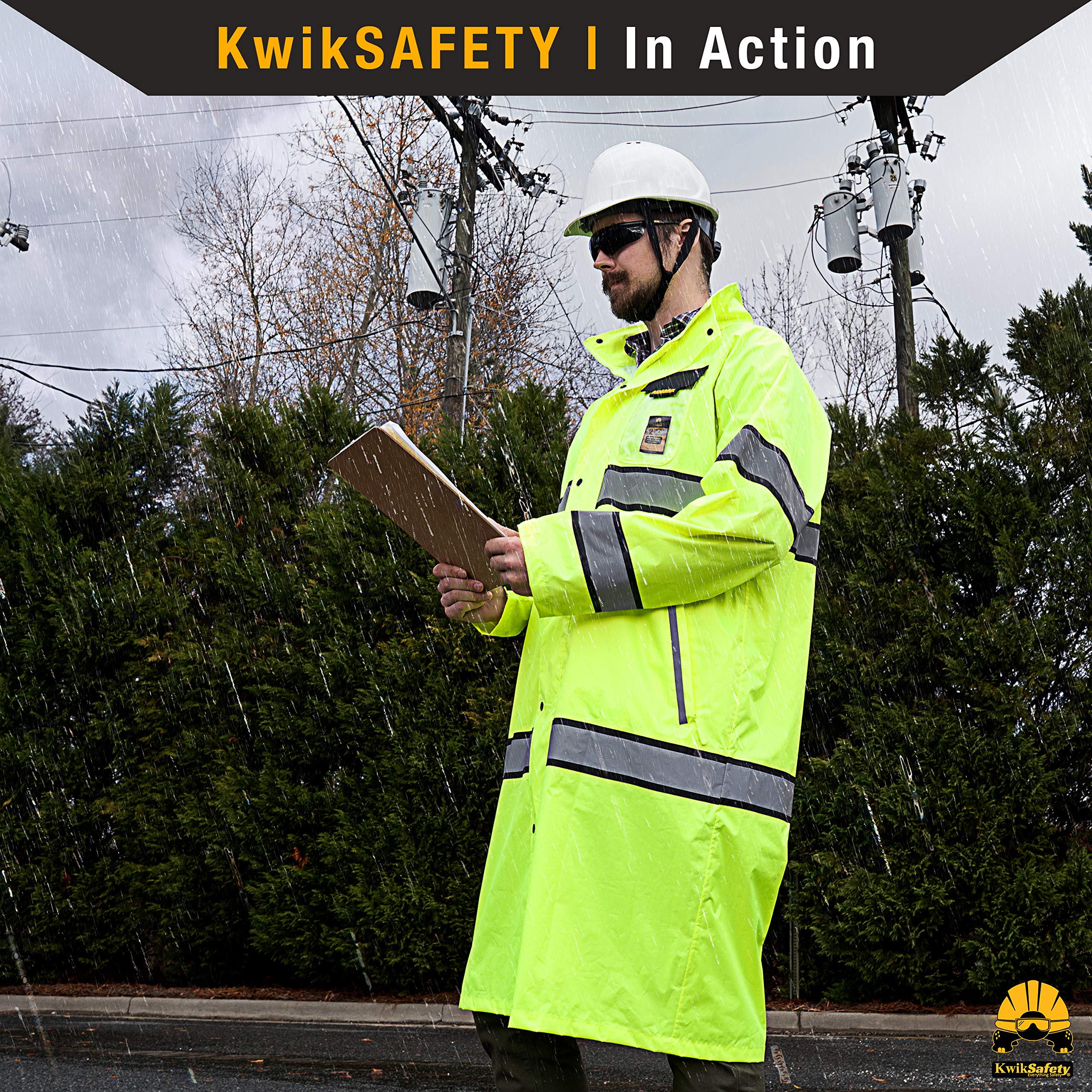 KwikSafety - Charlotte, NC - TORRENT High Visibility Rain Gear - Class 3 ANSI OSHA Reflective Weather Proof Hi Vis Trench Safety Jacket/Large