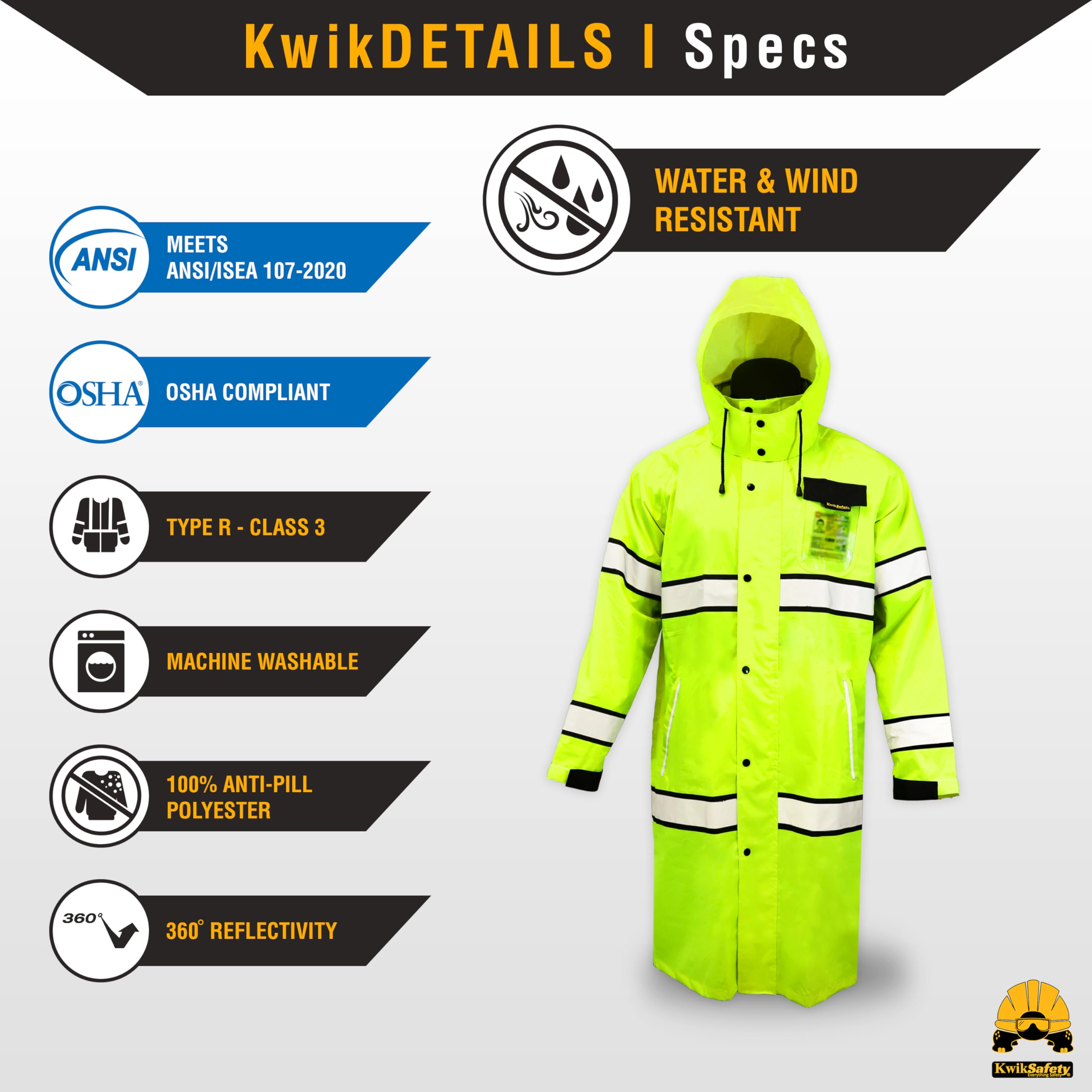 KwikSafety - Charlotte, NC - TORRENT High Visibility Rain Gear - Class 3 ANSI OSHA Reflective Weather Proof Hi Vis Trench Safety Jacket/Large