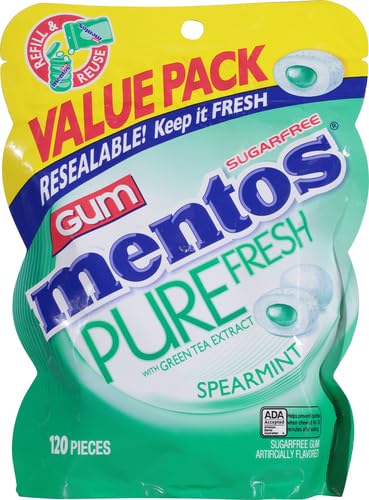 Mentos Pure Fresh Sugar-Free Chewing Gum with Xylitol, Spearmint, 120 Piece Bulk Resealable Bag (Pack of 1)