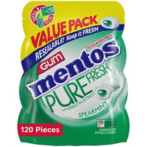 Mentos Pure Fresh Sugar-Free Chewing Gum with Xylitol, Spearmint, 120 Piece Bulk Resealable Bag (Pack of 1)