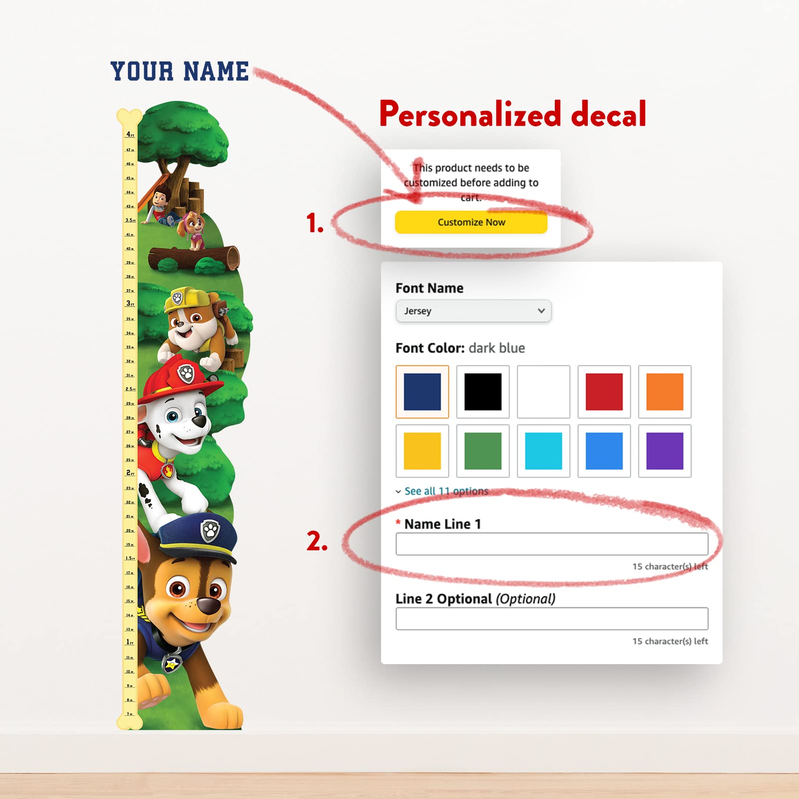 Oliver's Labels Growth Chart for Kids - Cute Personalized Wall Sticker - Ruler for Child Size - Height Measurement Decal for Kids - Decor for Boys & Girls (PAW Patrol™)