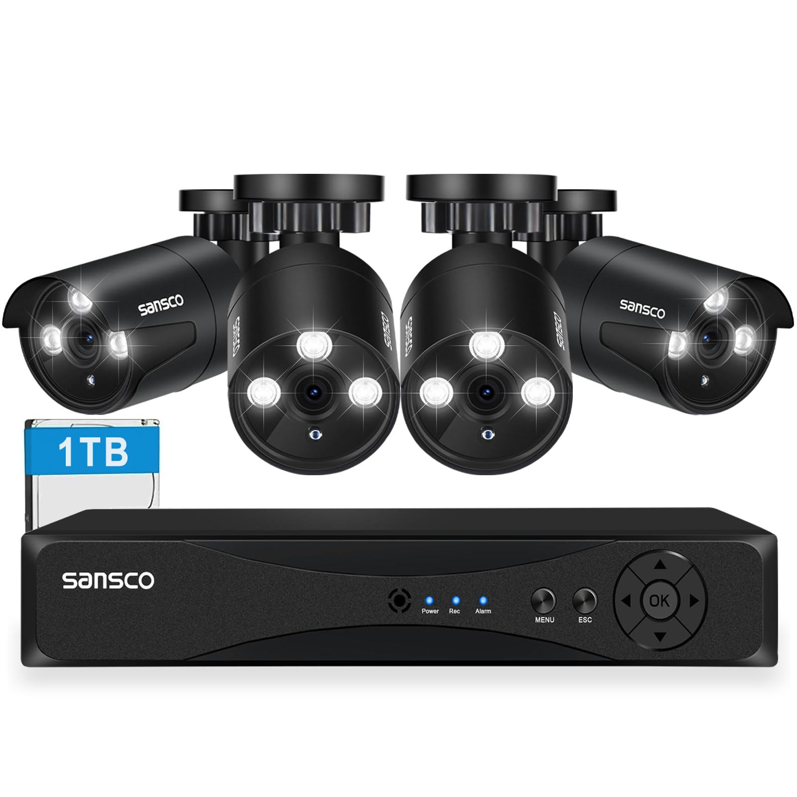 [True HD] SANSCO 2K Expandable 8CH Home Security Camera System with 1TB HDD, (4) 2MP CCTV Outdoor Waterproof Cameras 24/7 Continuous/Motion Recording